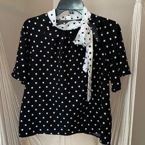 Women’s Large- Black & White Polka Dot shirt with tie neck/ open shoulder